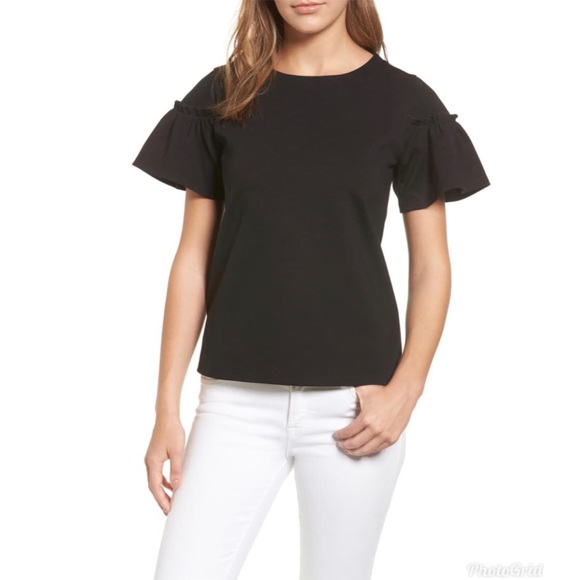 Halogen Black Flutter Short Sleeve Ruffle Detail Top Small Petite Size 4 6 - Picture 2 of 10